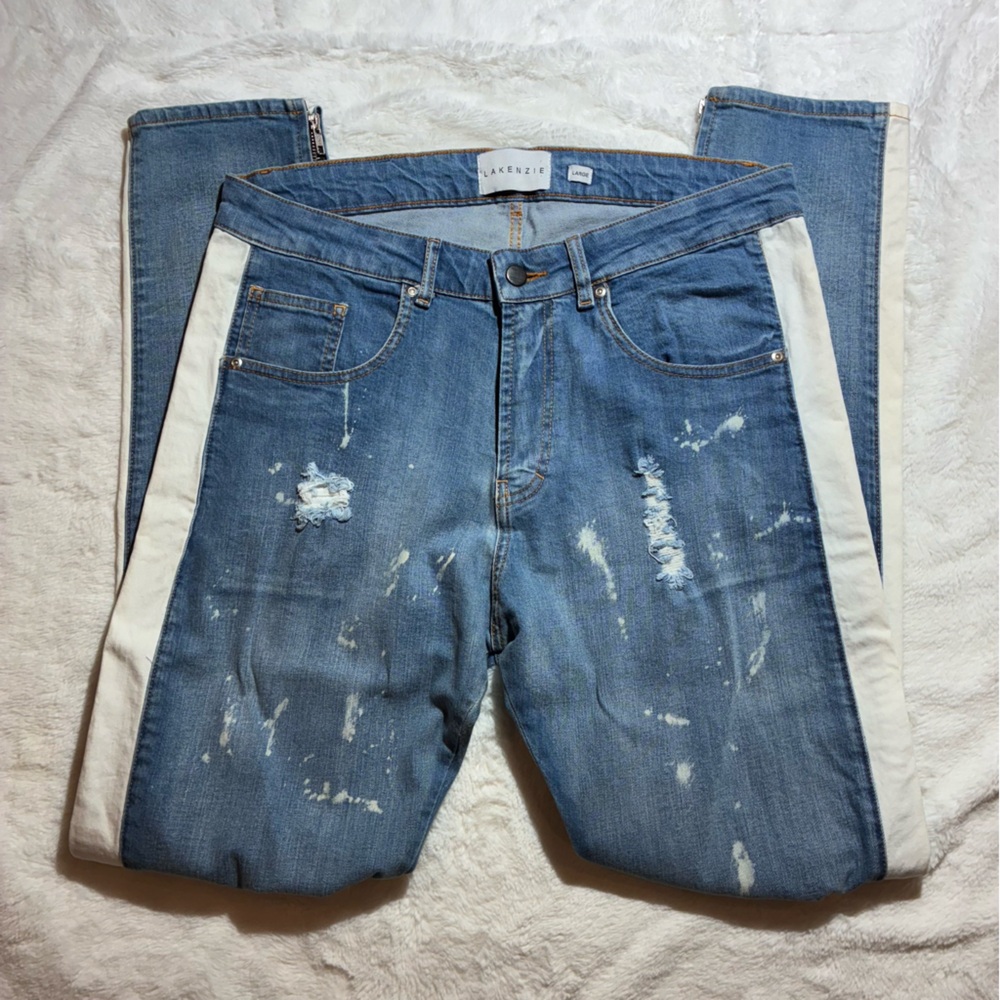 Lakenzie Blue Distressed Boyfriend Jeans with White Stripes